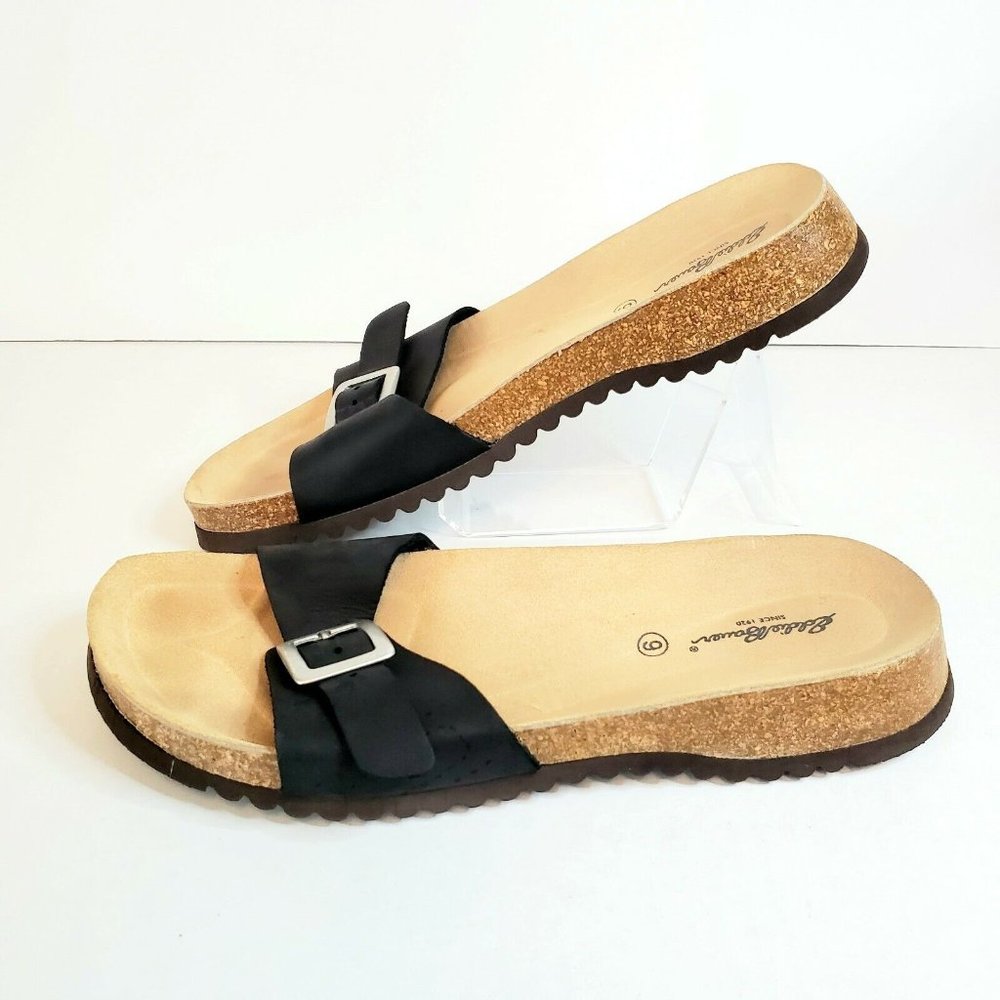 Eddie Bauer Womens Size 9 Black Leather Buckle Cork Trim Slip On Sandals